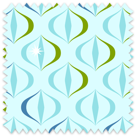 The artwork features a repeating geometric pattern of symmetrical shapes resembling elongated, curved diamonds or petals in various shades of blue and green. Each shape is split vertically with one half filled with a light blue and the other half filled with green or darker blue. The background is a light, almost pastel blue, which provides a soft yet vibrant backdrop. One of the blue shapes near the upper left contains a white starburst element, adding a focal point of brightness to the composition. The overall design conveys a modern, mid-century aesthetic with clean lines and harmonious color contrasts.